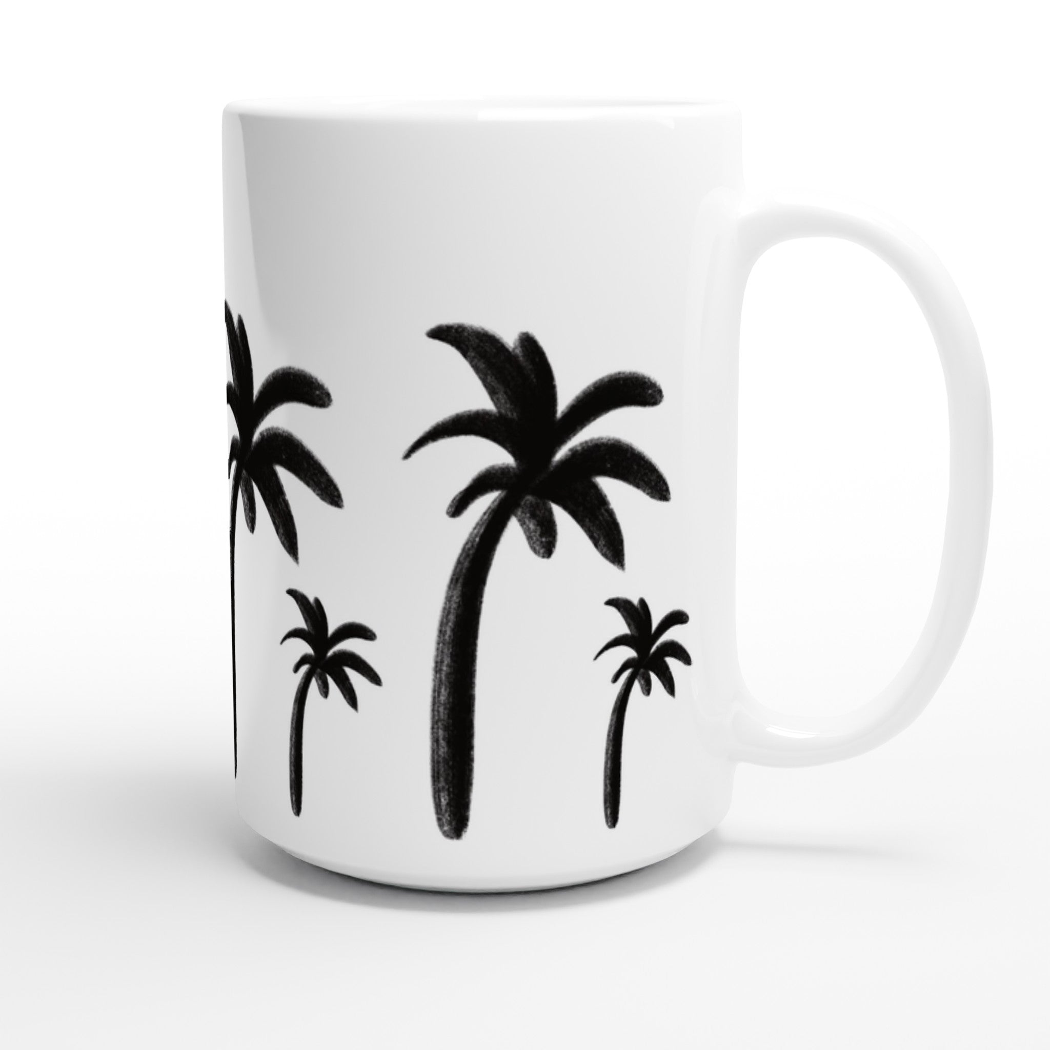 Weiße XL-Tasse mit einfachen, schwarzen, handgezeichneten Palmen