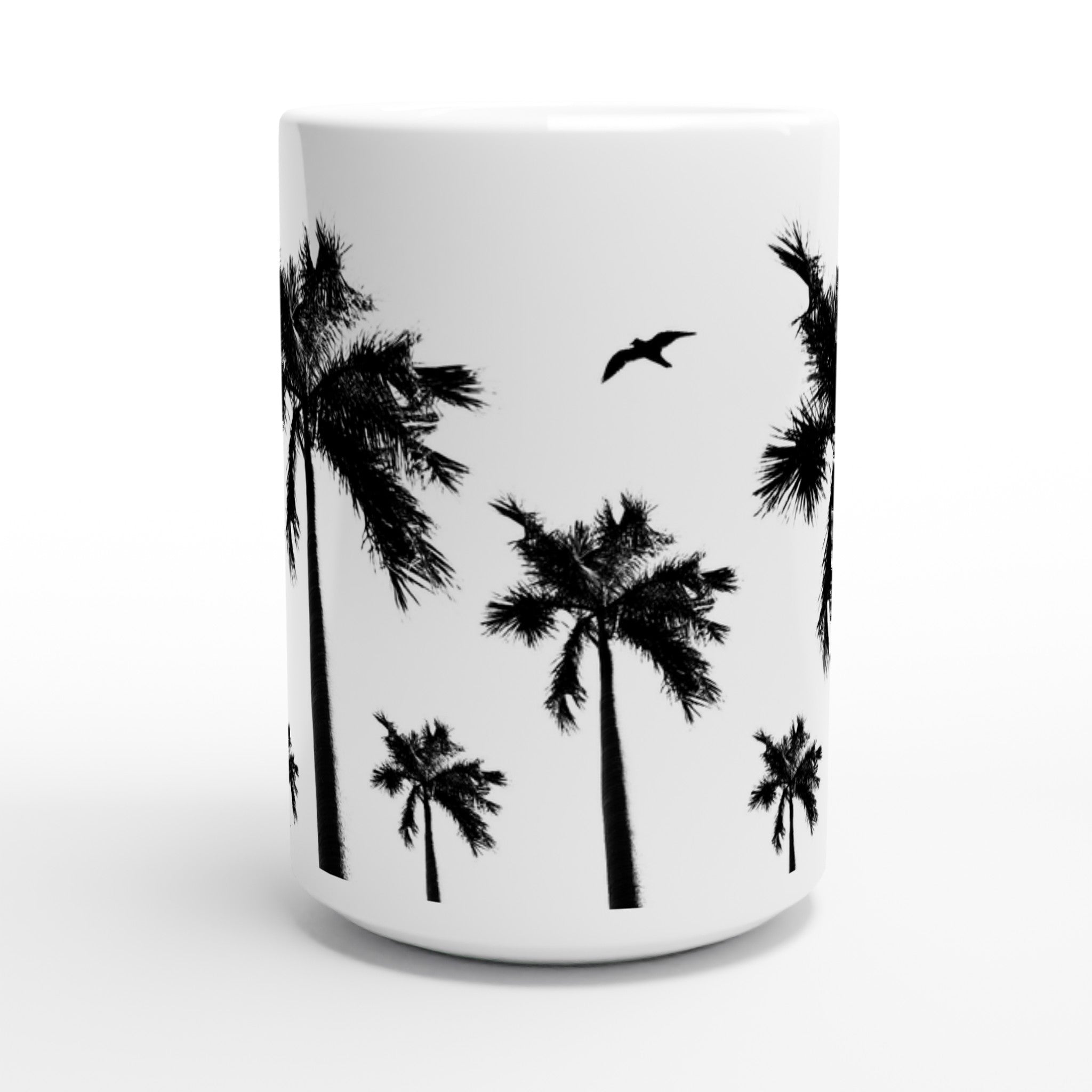 Weiße XL-Keramiktasse mit Palmen-Motiven, Vogel, schwarzer Innenfläche und schwarzem Henkel