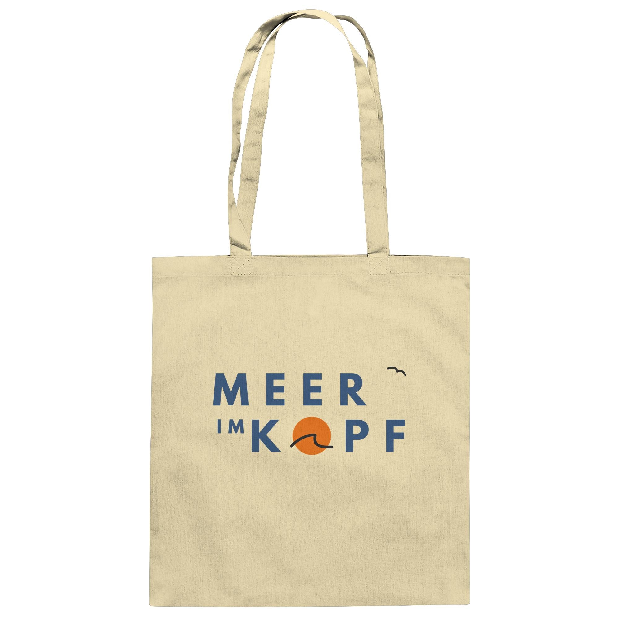 Beige Baumwoll Tote Bag mit maritimem Schriftzug „Meer im Kopf“ und Wellenmotiv – minimalistische Stofftasche für Strand und Alltag