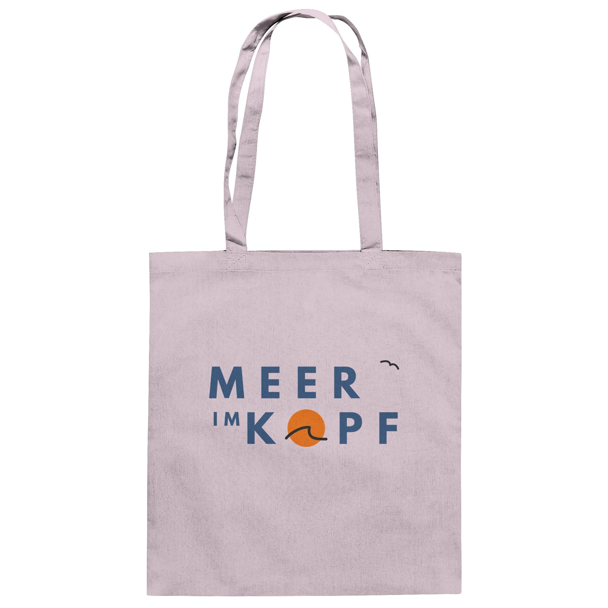 Pastel Pinke Baumwoll Tote Bag mit maritimem Schriftzug „Meer im Kopf“ und Wellenmotiv – minimalistische Stofftasche für Strand und Alltag
