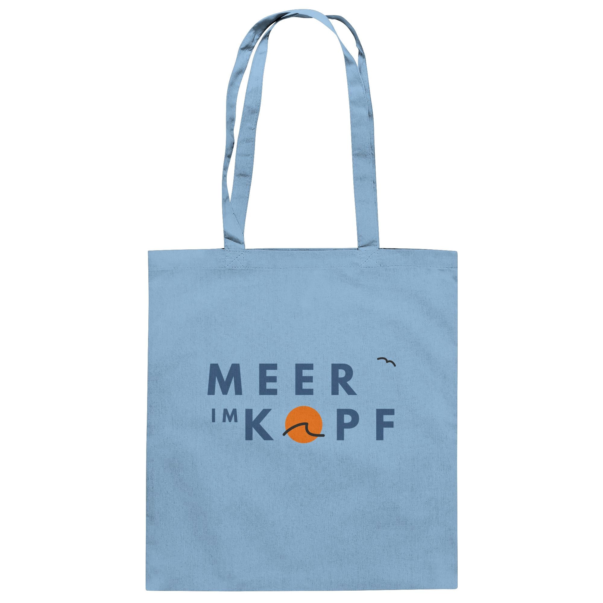 Blaue Baumwoll Tote Bag mit maritimem Schriftzug „Meer im Kopf“ und Wellenmotiv – minimalistische Stofftasche für Strand und Alltag