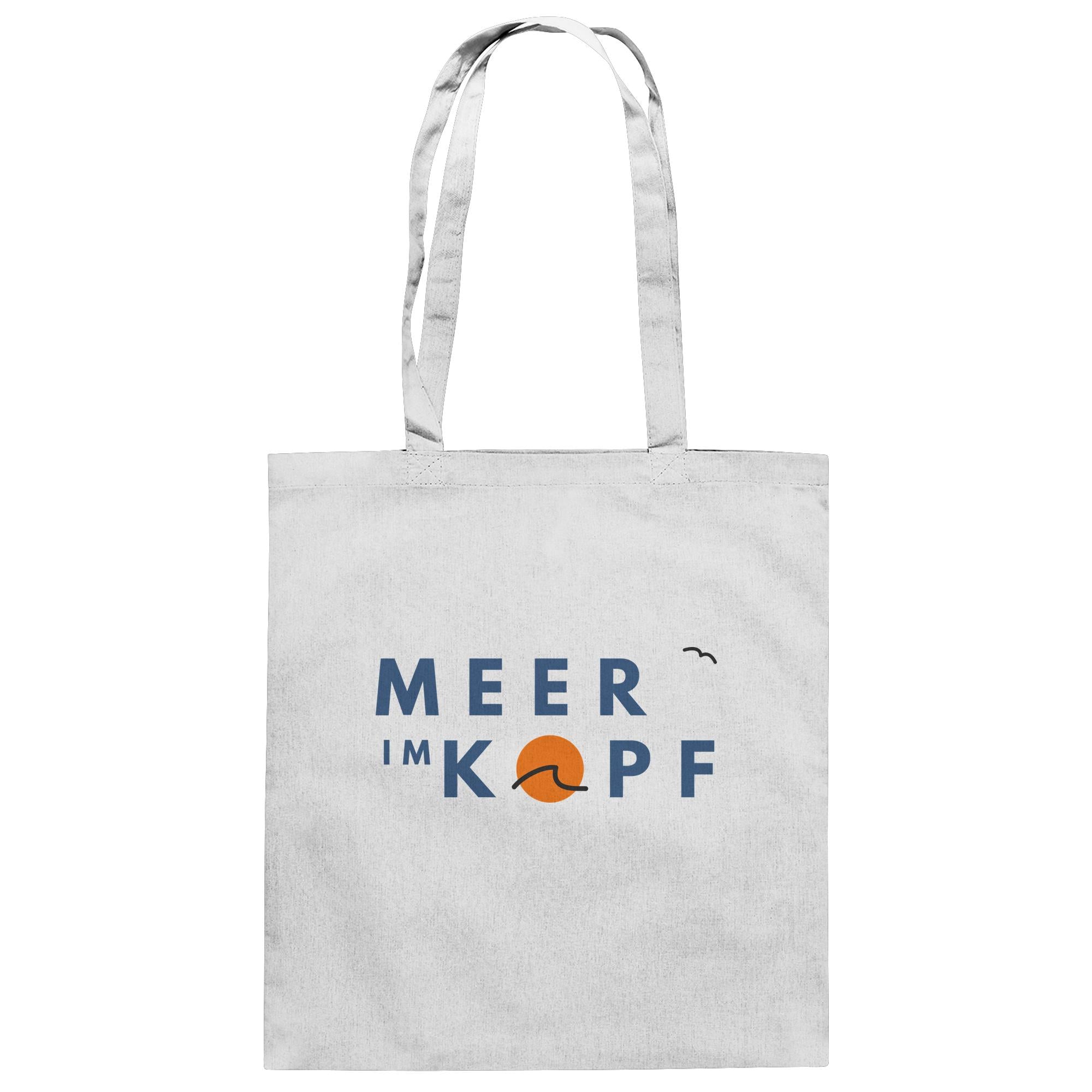 Weiße Baumwoll Tote Bag mit maritimem Schriftzug „Meer im Kopf“ und Wellenmotiv – minimalistische Stofftasche für Strand und Alltag