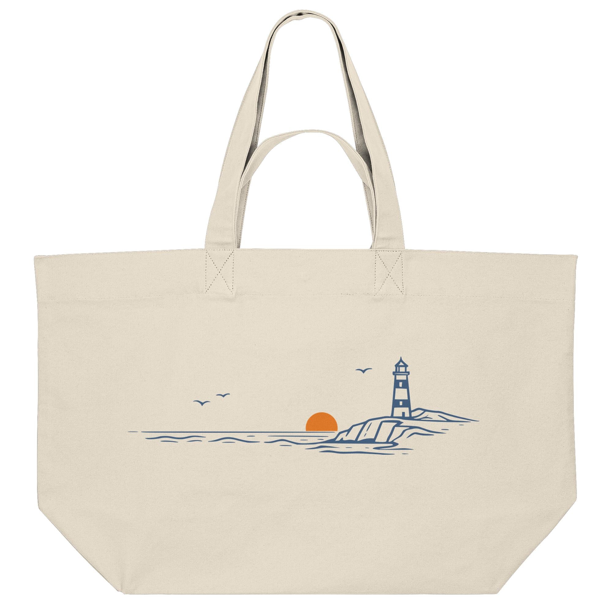 Beige Beach Bag aus recycelter Baumwolle mit minimalistischem Leuchtturm Küstenmotiv – maritime Stofftasche für Strand und Alltag