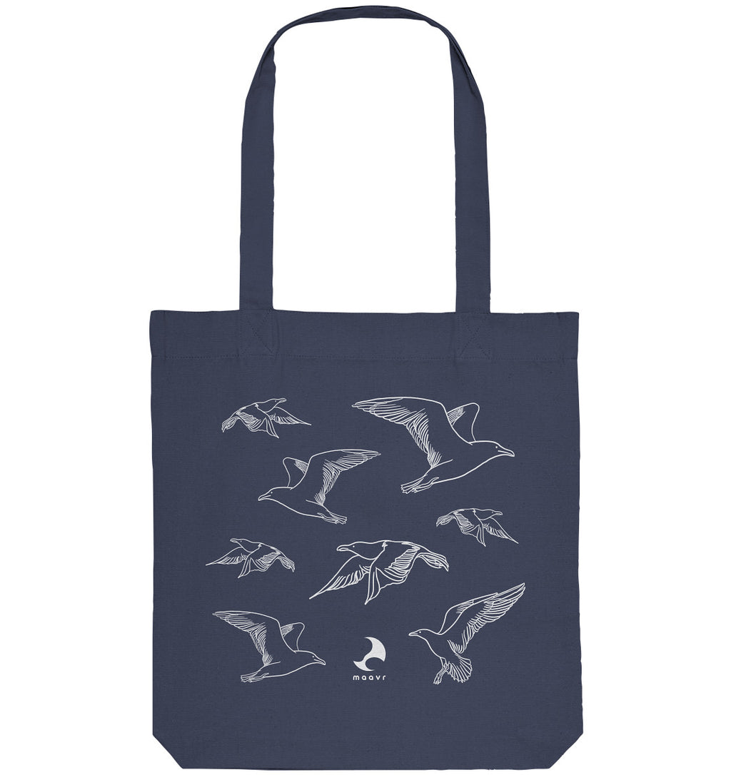 Kleine Premium Tote Bag - recycelt, Line Art Möwen, weiß