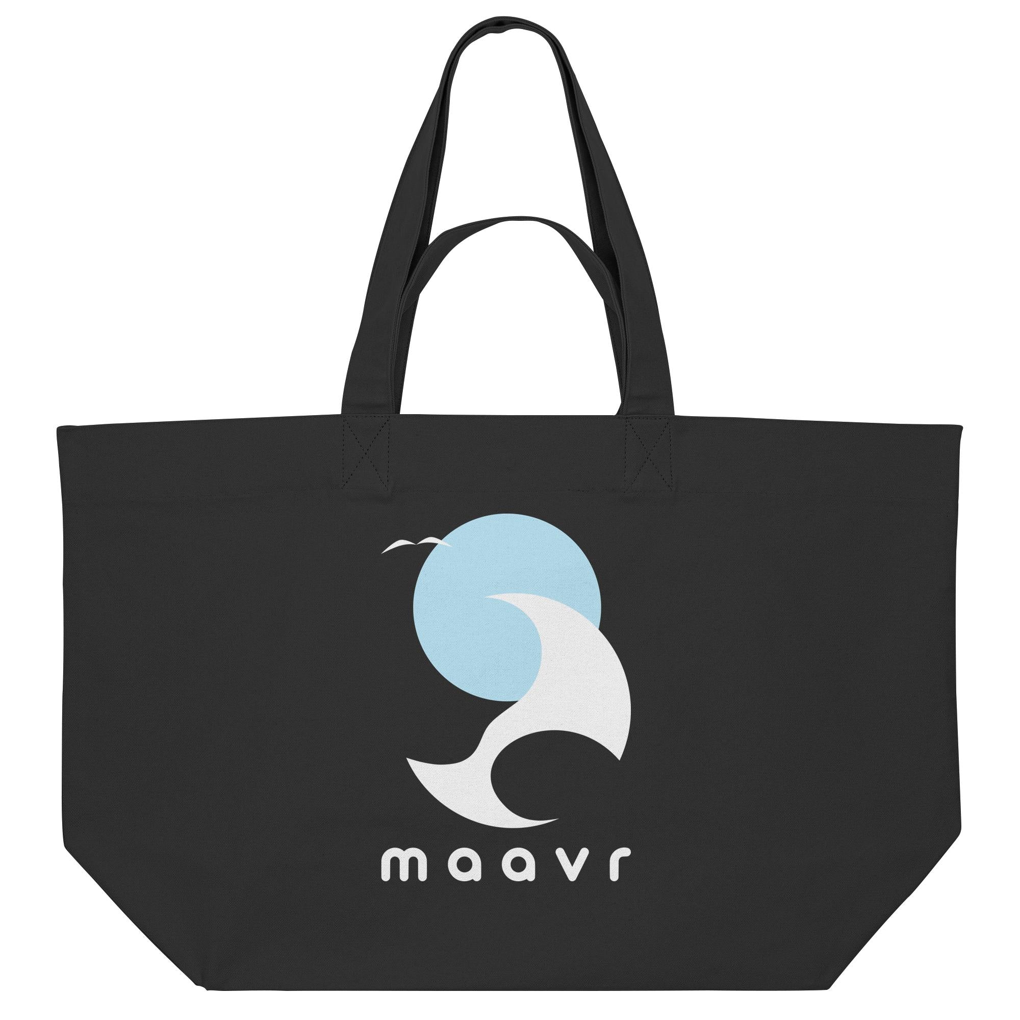 Große schwarze Strandtasche aus Baumwolle mit maavr Logo