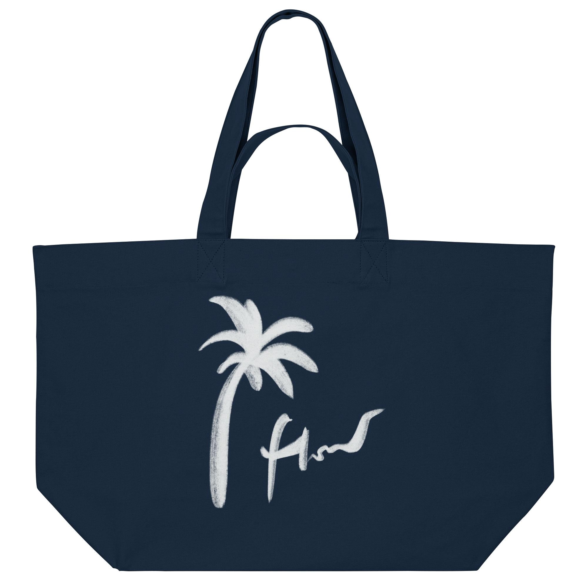 Dunkelblaue Strandtasche aus Baumwolle mit Palmenmotiv – große Beach Bag von maavr