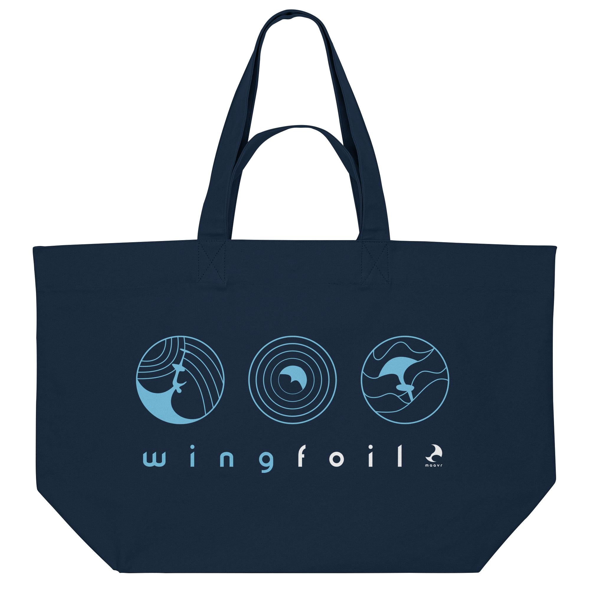 Dunkelblaue Baumwoll-Strandtasche mit Wingfoil Print – große Beach Bag von maavr