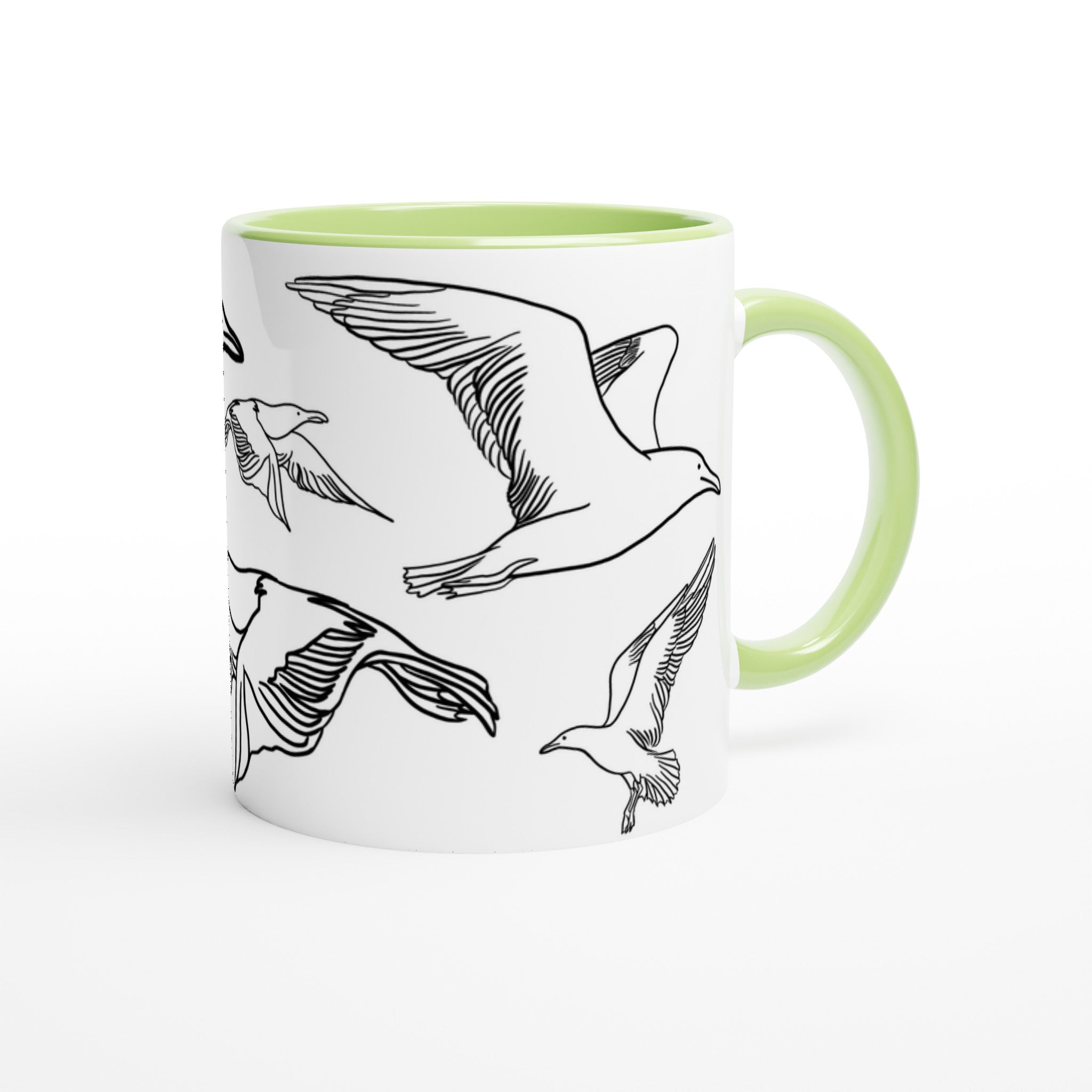 Weiß-grüne Keramiktasse mit  Line-Art-Möwen-Motiven